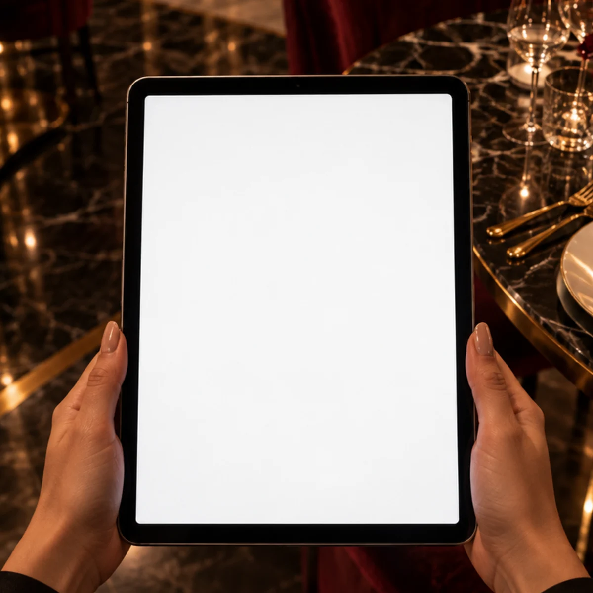 A guest holding a tablet in the dining room