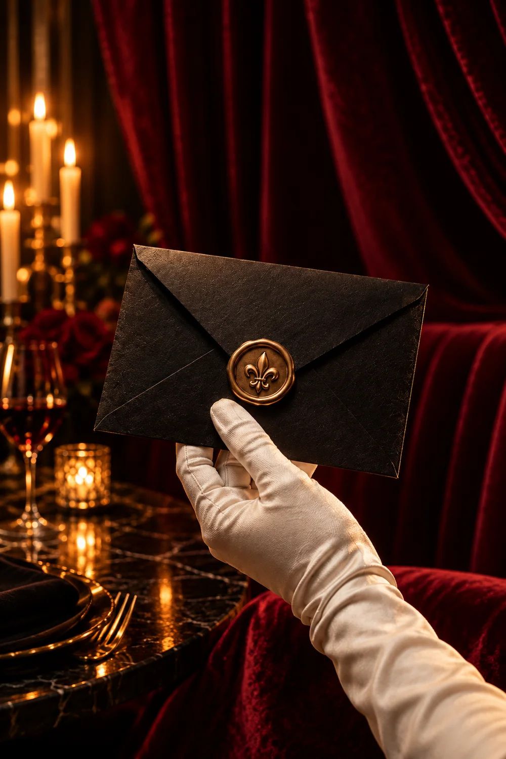 A sealed black invitation envelope presented on a white glove