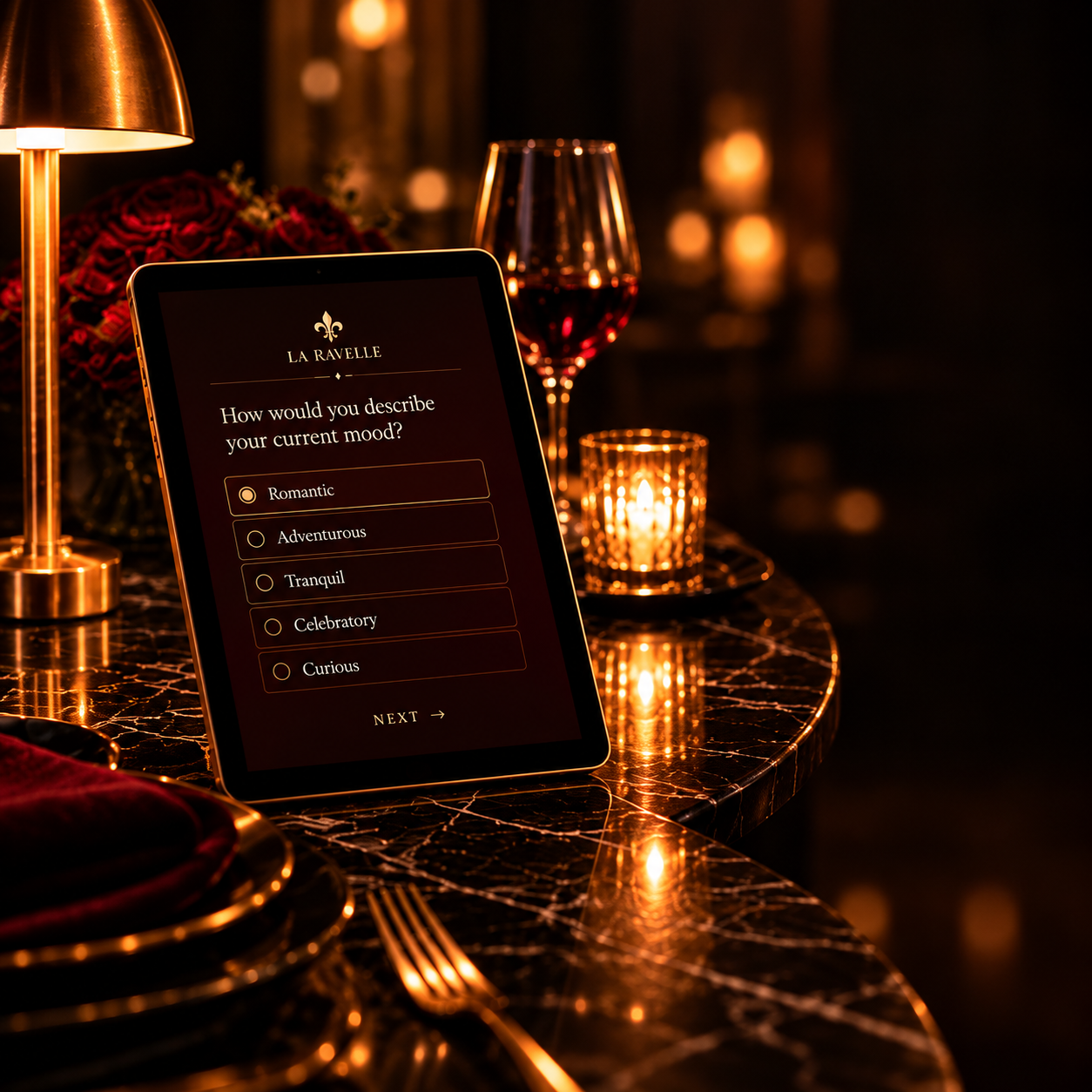 La Ravelle mood questionnaire on a tablet beside a candlelit table